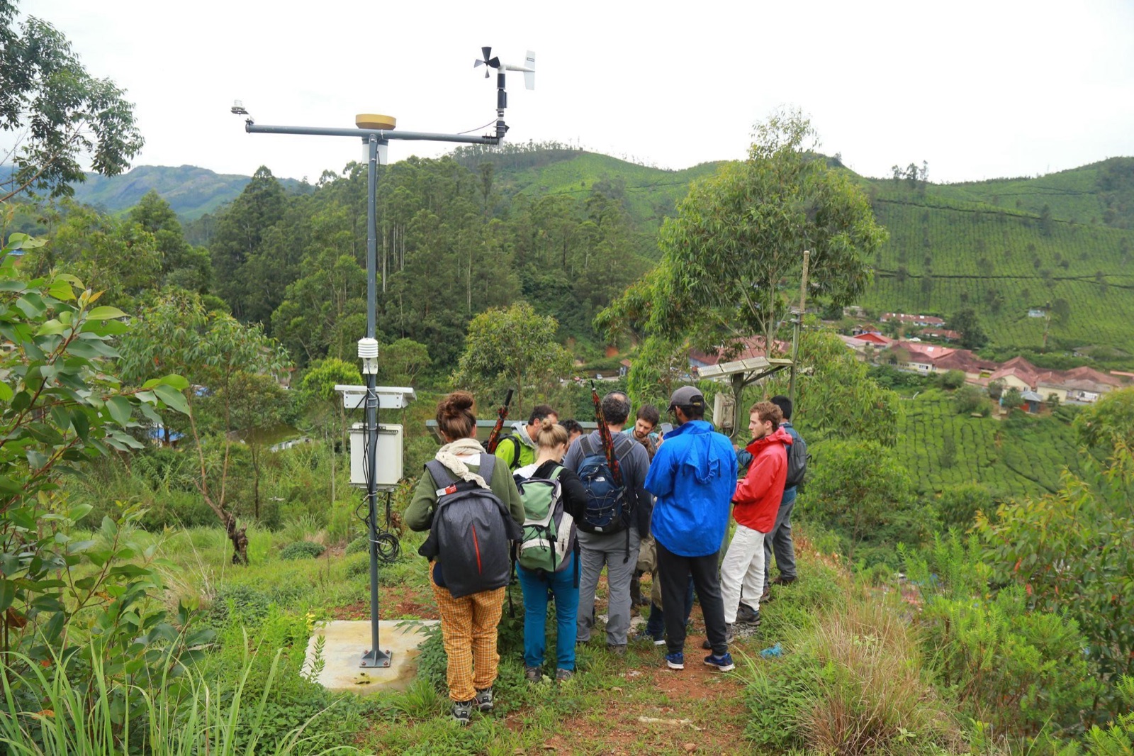Field weather station overlooking tea plantations in Idukki, Kerala