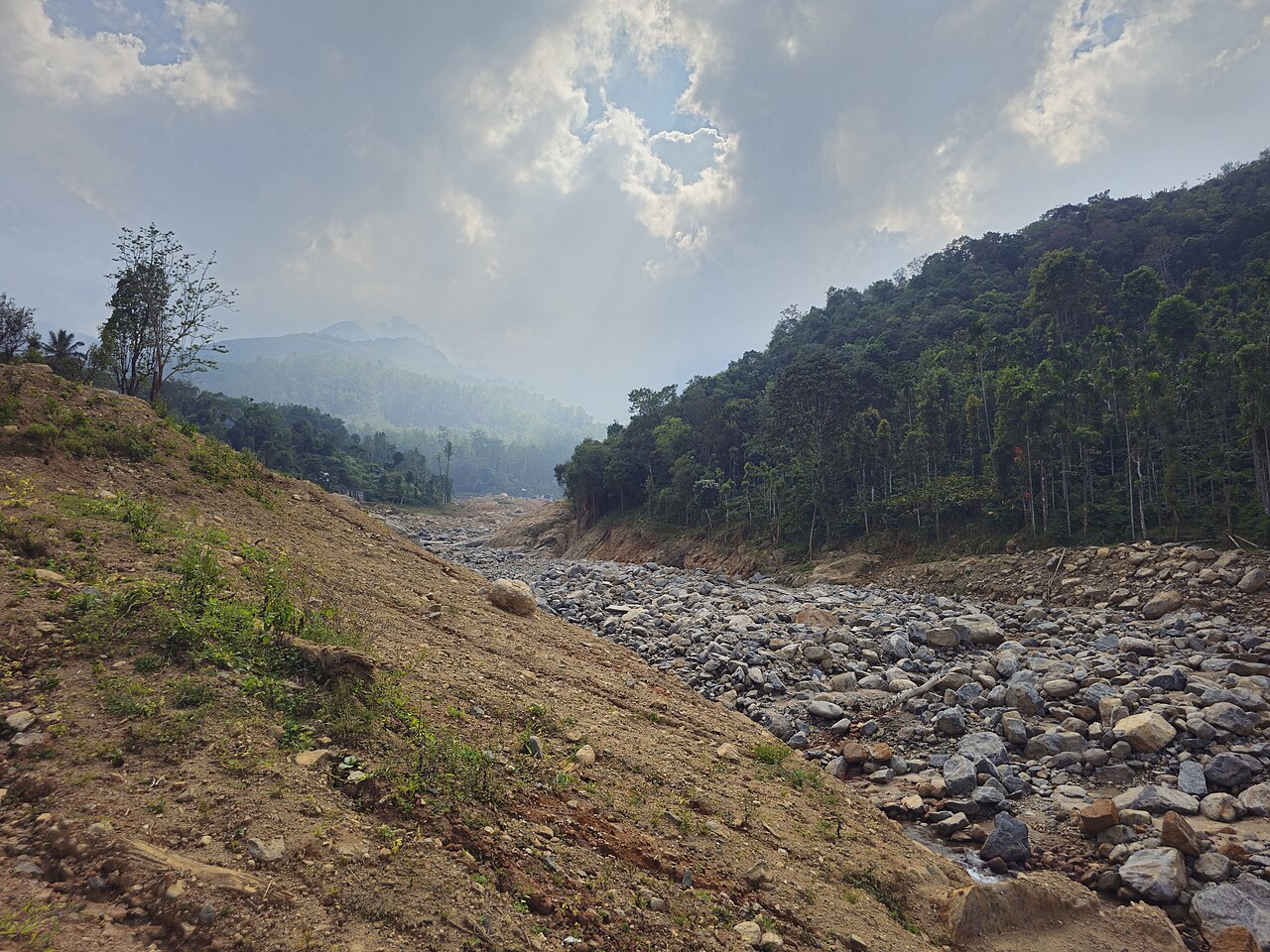 Landslide scar and debris flow near Chooralmala, Wayanad, Kerala